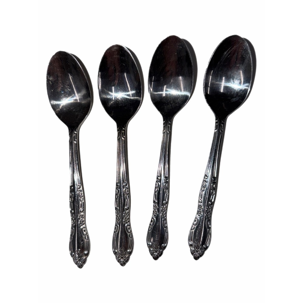 Utica Stainless China Teaspoons Set of 4 Floral Scroll Pattern Flatware Silver